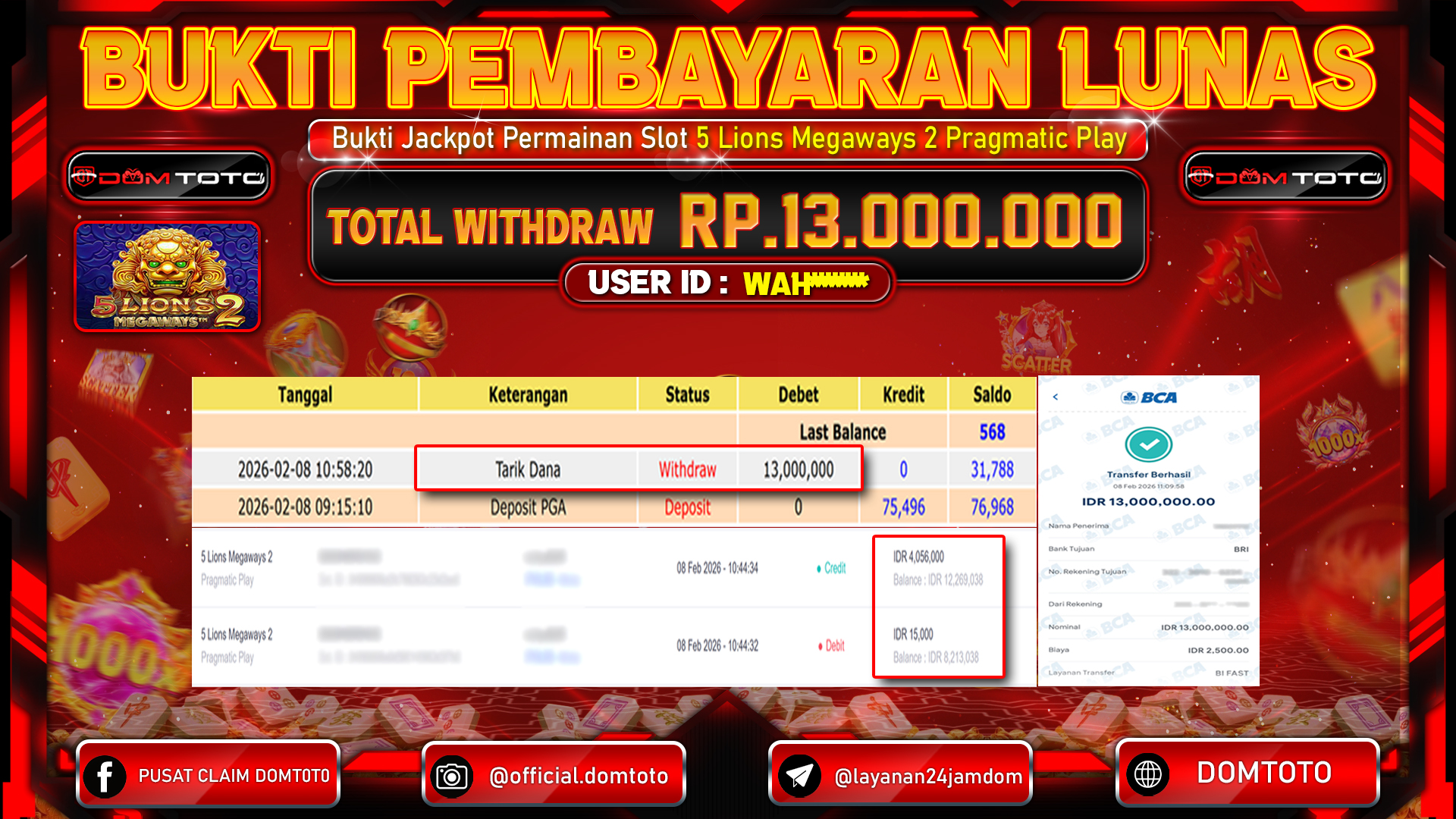JACKPOT SLOT 5 Lions Megaways 2 Pragmatic Play 08 FEBRUARI 2026